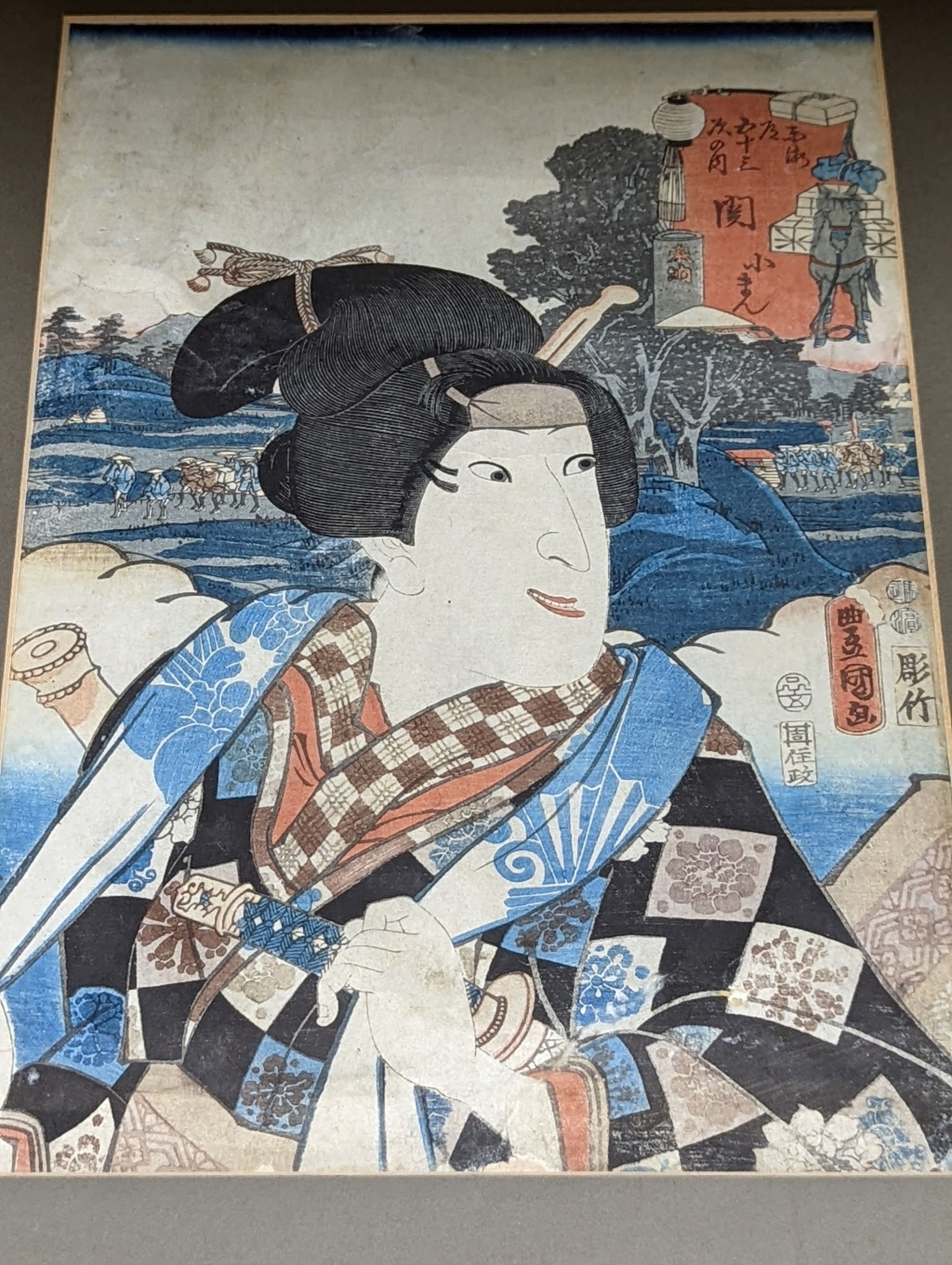 Toyokuni III (1786-1864), wood cut print, 'Prince Genji and his pages', 34 x 18cm, a study of a samurai by Kunisada, 35 x 24cm and four other Japanese woodblock prints